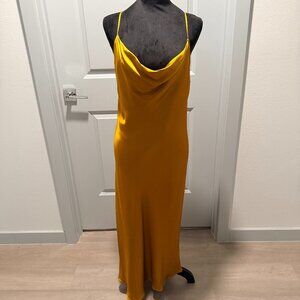 ZARA Woman Satin Midi Cowl Neck Slip Dress Yellow Sz M Glam Cocktail Wedding Gst